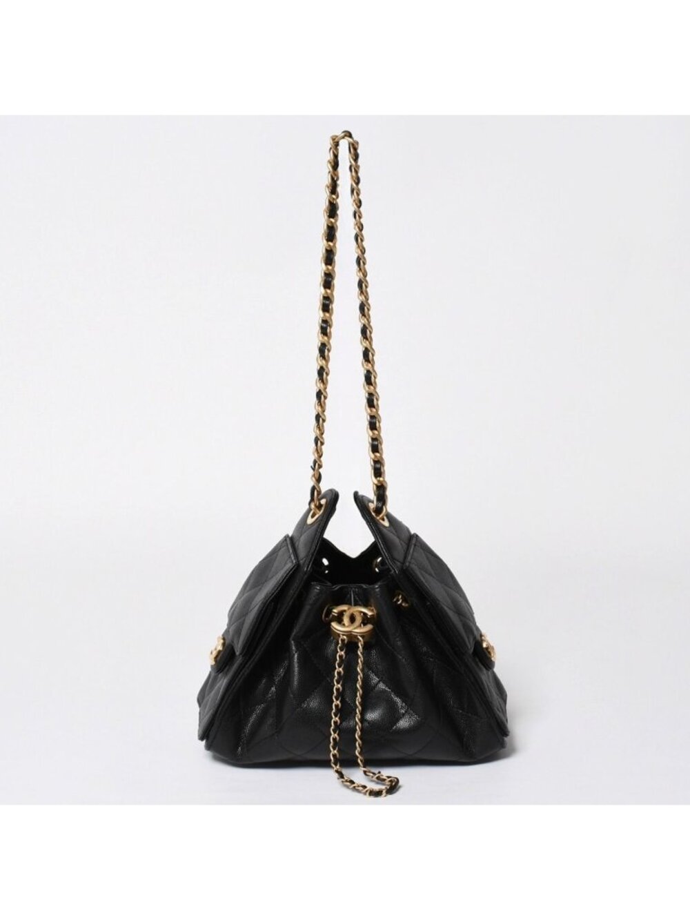 Chanel 25 Mini Chain Shoulder Bag Caviar Leather Black Gold
